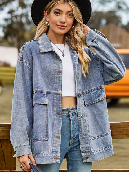 Dropped Shoulder Denim Jacket with Pockets Carauana Store