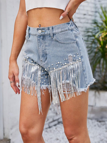 Distressed Pearl Trim Denim Shorts with Pockets Carauana Store