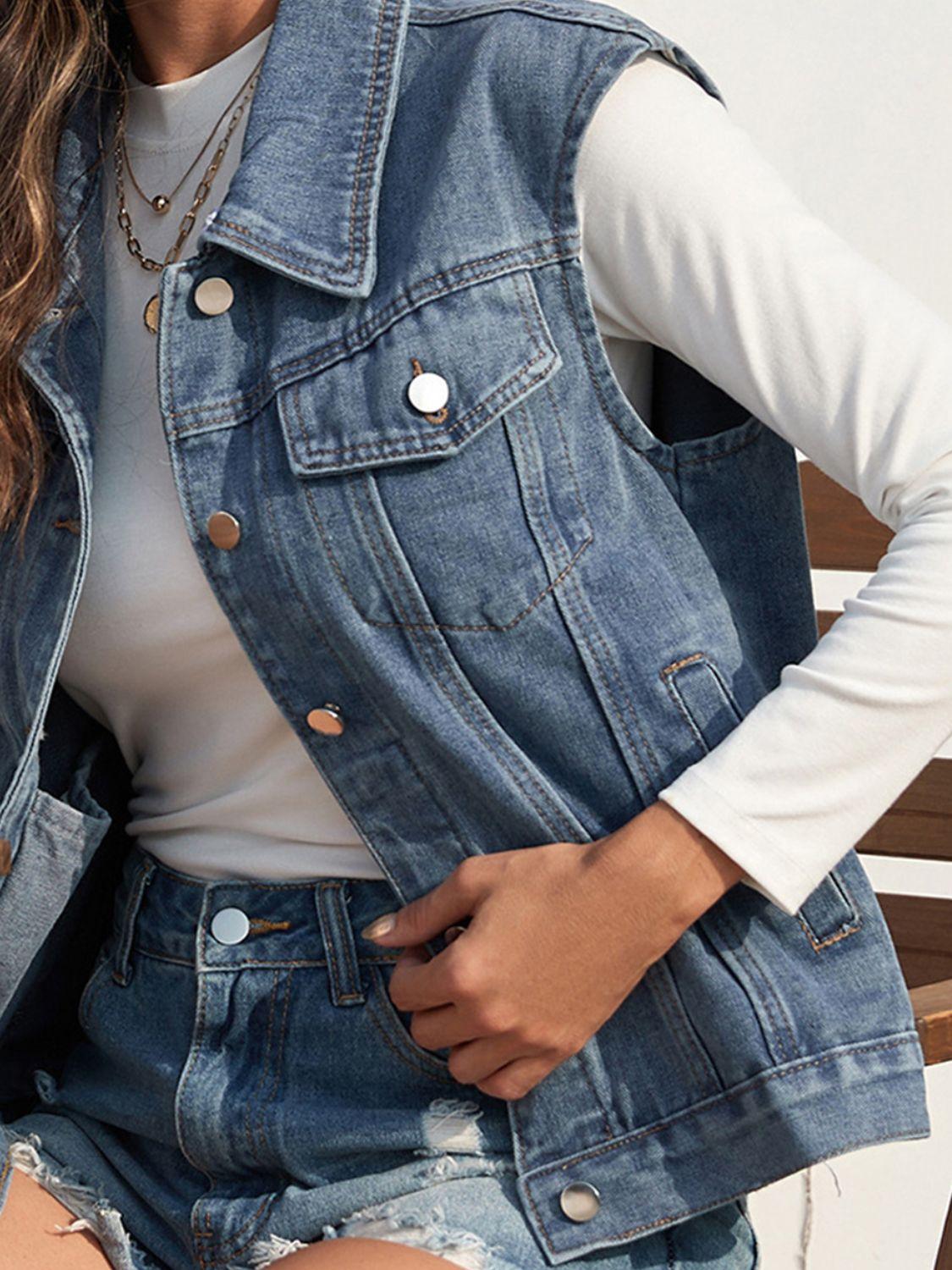 Collared Neck Sleeveless Denim Jacket Carauana Store