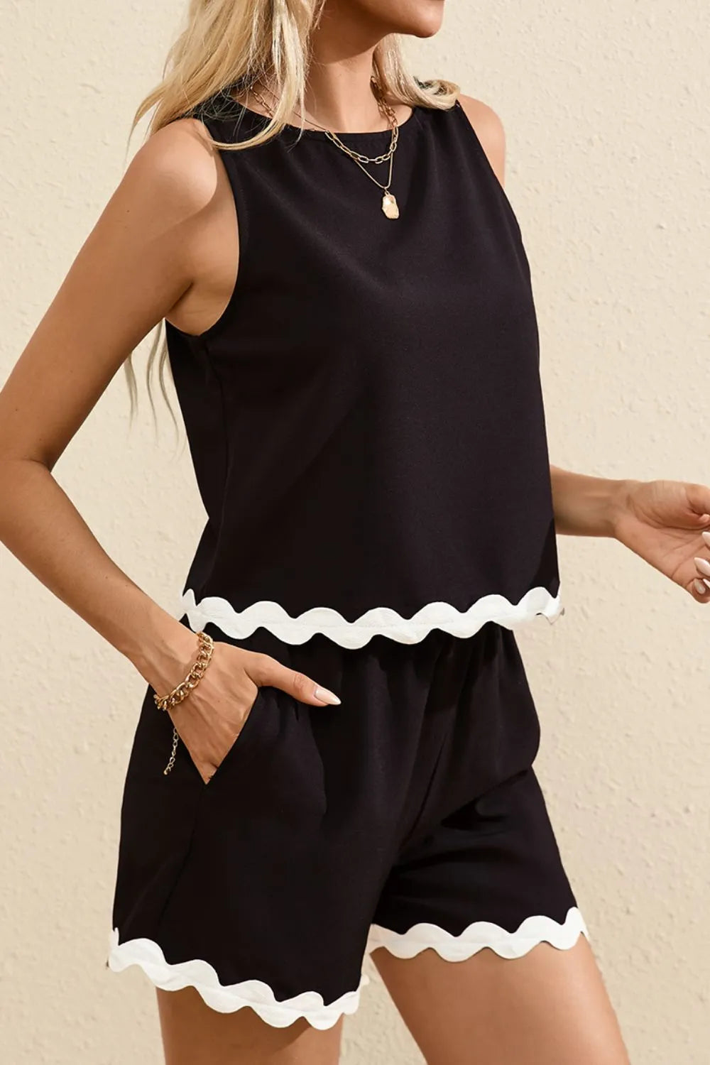 Ricrac Trim Tank Top and Elastic Waist Shorts Set Carauana Store