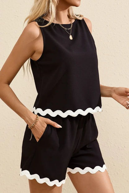 Ricrac Trim Tank Top and Elastic Waist Shorts Set Carauana Store