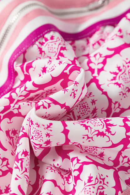 Pink Western Print Zipped Collar Short Sleeve Summer Blouse Top