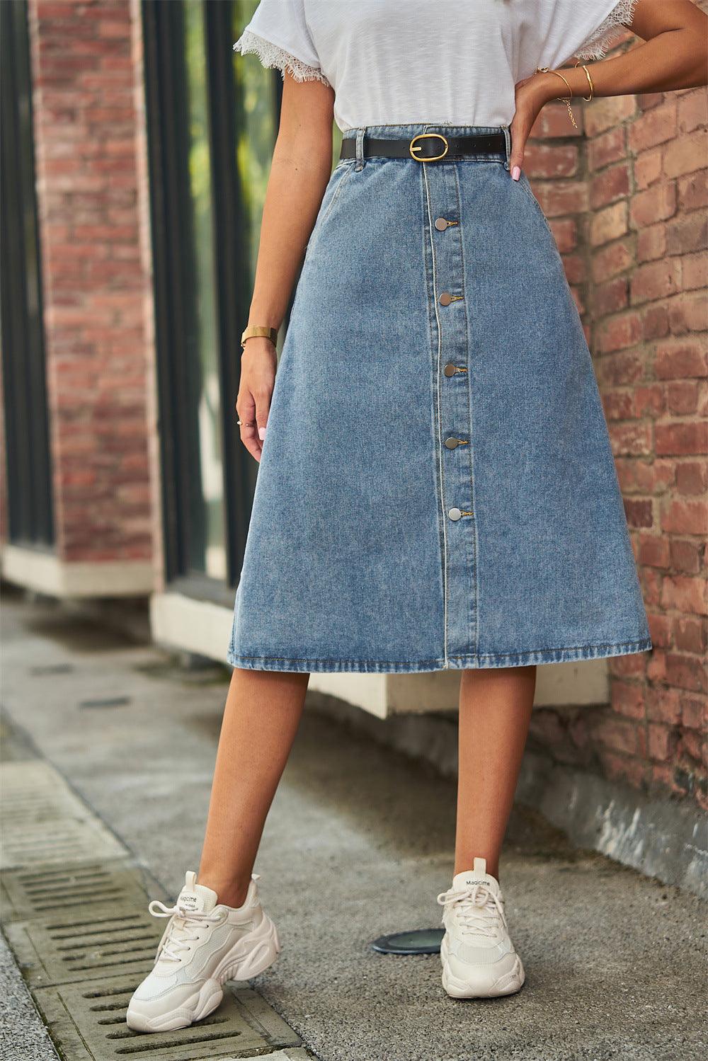 Button Front A-Line Denim Skirt Carauana Store