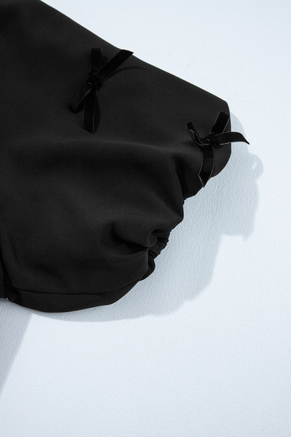 Black Bow Decor Puff Sleeve Split Neck Blouse