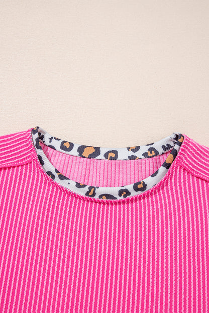 Bonbon Leopard Patchwork Corded Knit Crew Neck T Shirt