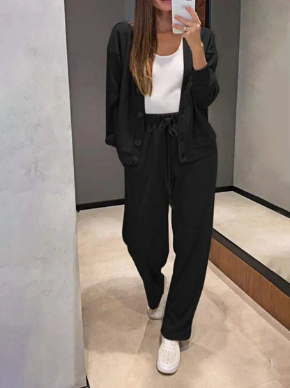 Full Size Button Up Long Sleeve Top and Pants Set Carauana Store