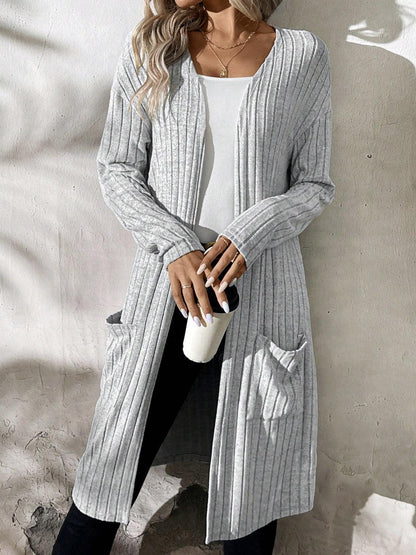 Ribbed Open Front Long Sleeve Cardigan with Pockets Carauana Store