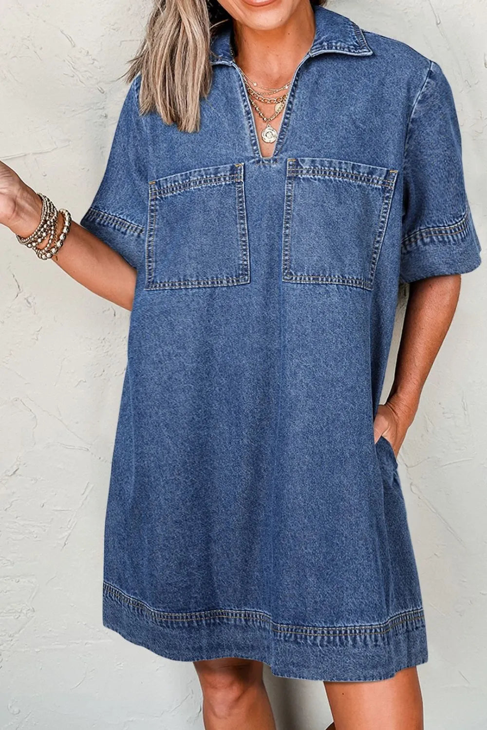 Short Sleeve Collared Patched Pocket Denim Mini Dress Carauana Store