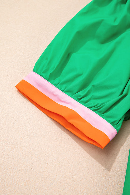 Bright Green Contrast Striped V Neck Collision Short Puff Sleeve Blouse
