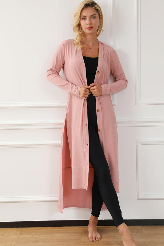 Button Up High-Low Long Sleeve Slit Cardigan Carauana Store