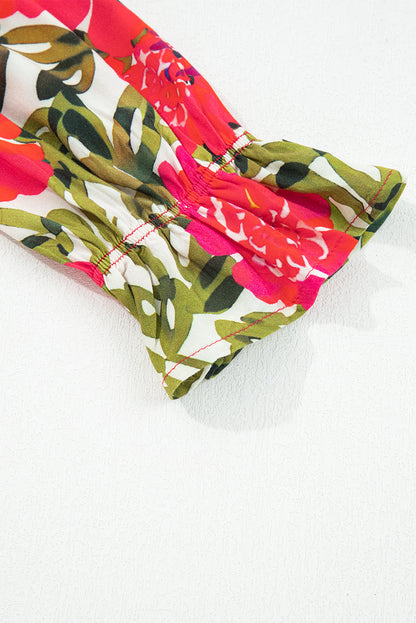 Red Floral Print Lace up V Neck Flounce Sleeve Blouse