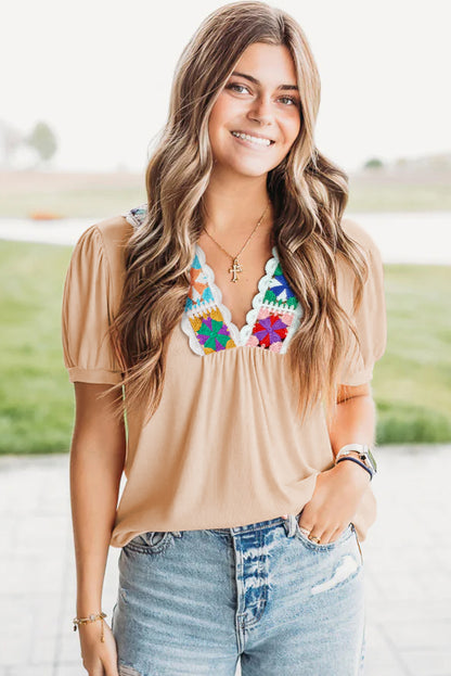 Pale Chestnut Crochet Floral V Neck Textured Short Sleeve Blouse