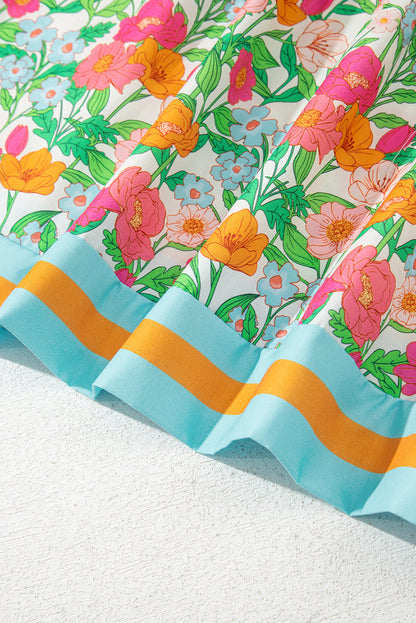 Green Floral Print Striped Trim Tie Neck Puff Sleeve Babydoll Blouse