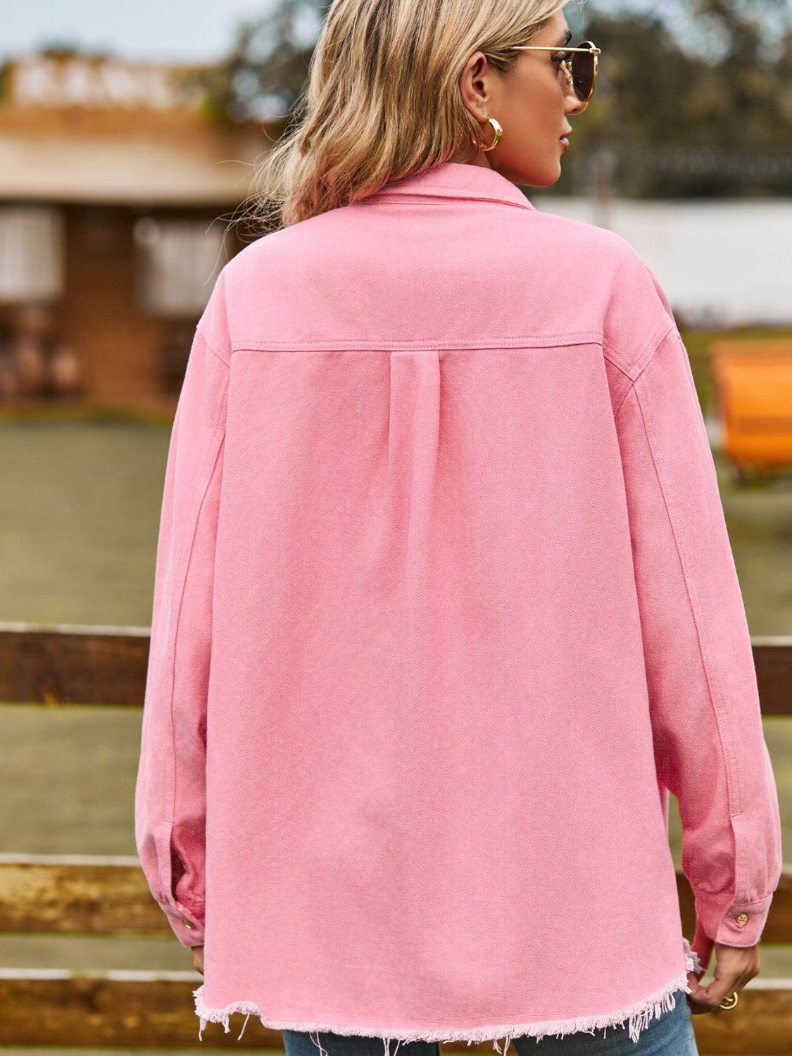 Button Up Collared Neck Raw Hem Denim Top Carauana Store