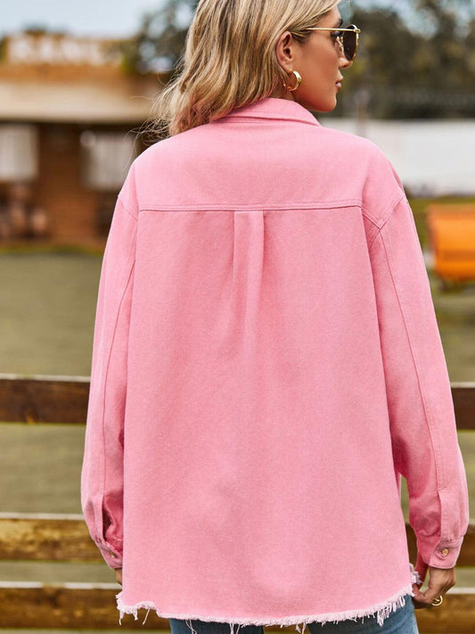 Button Up Collared Neck Raw Hem Denim Top Carauana Store