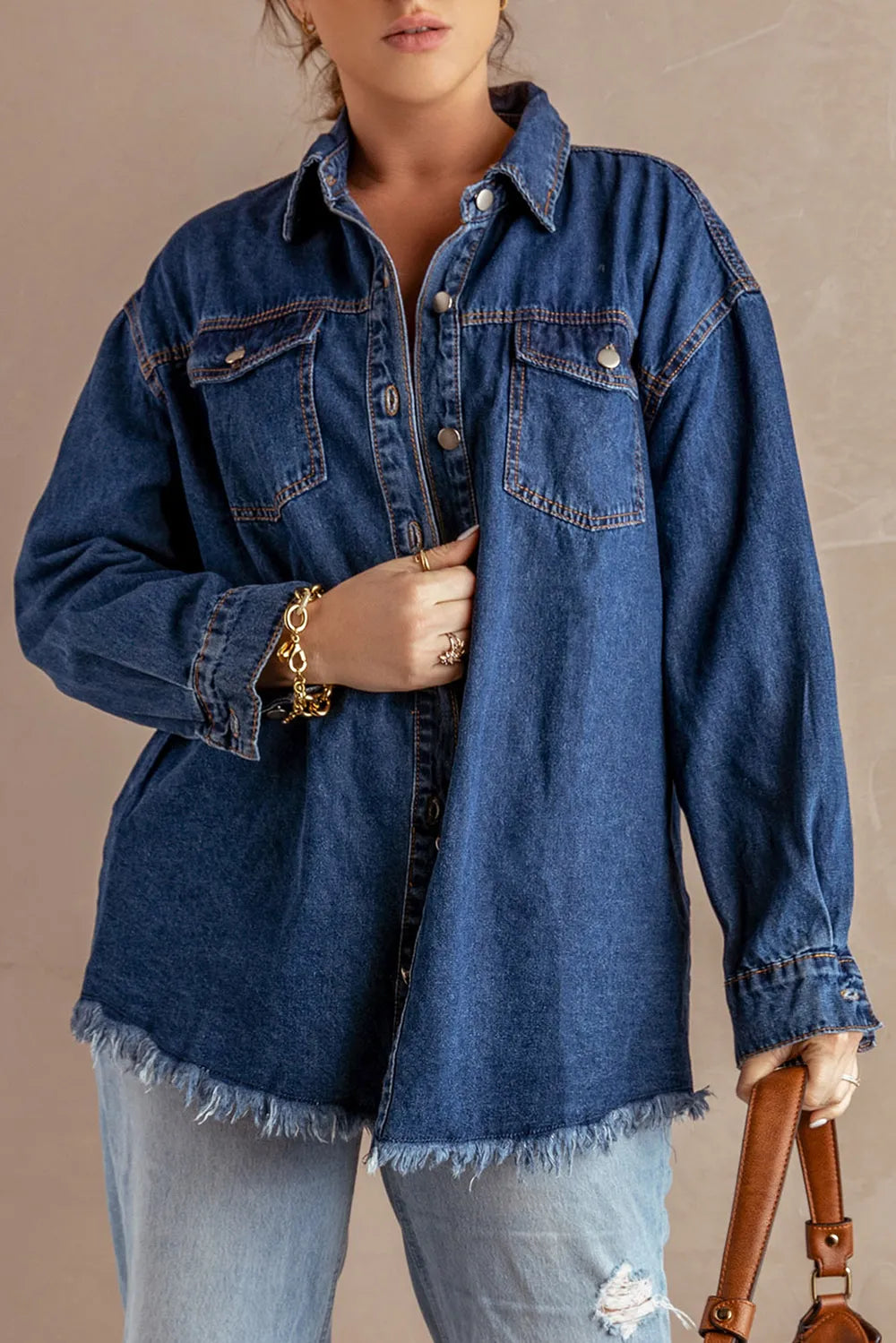 Button Up Pocketed Raw Hem Denim Jacket Carauana Store