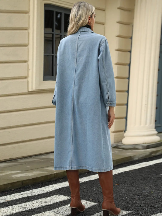 Pocketed Button Down Collared Neck Denim Jacket Carauana Store