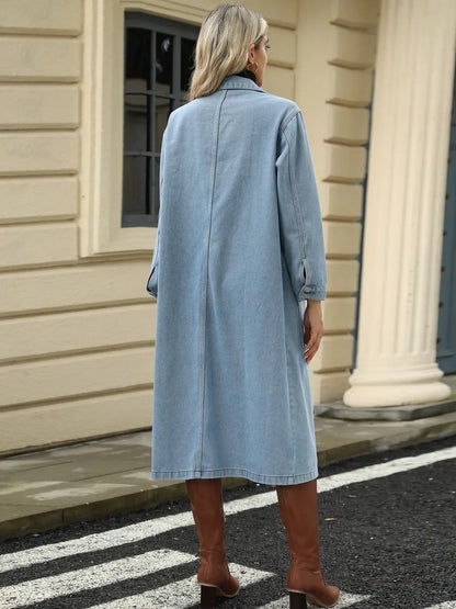 Pocketed Button Down Collared Neck Denim Jacket Carauana Store