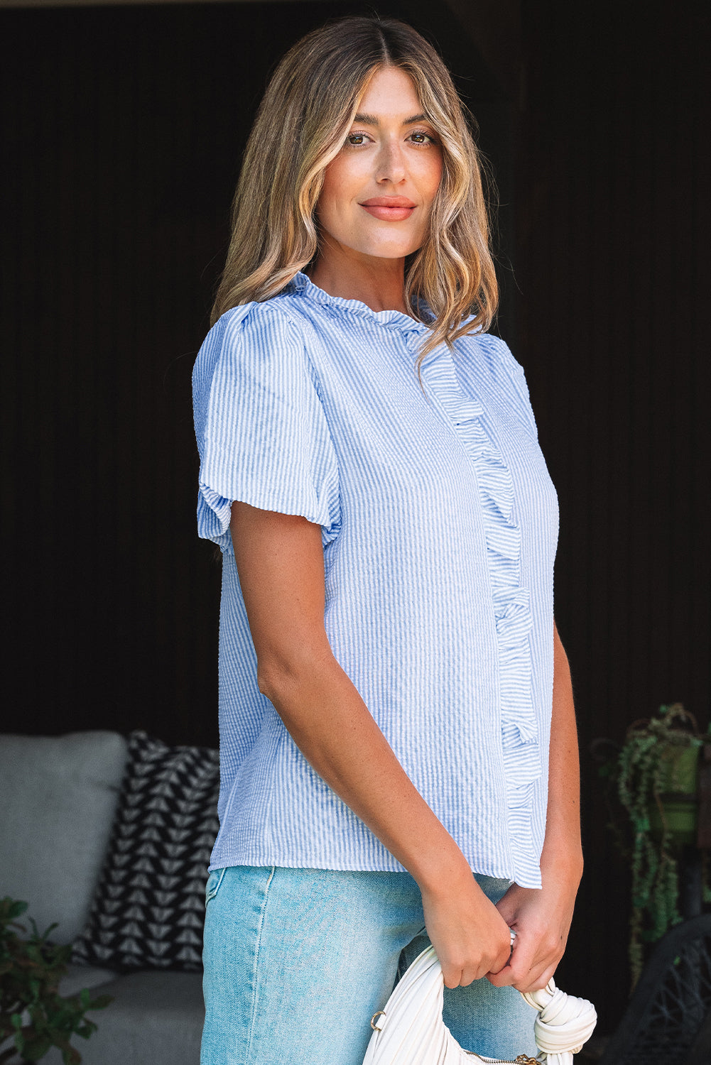 Beau Blue Striped Ruffle Short Bubble Sleeve Shirt