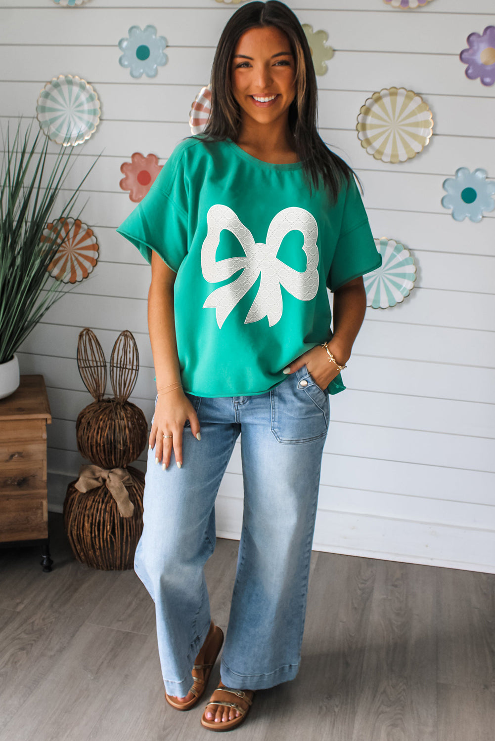 Sea Green Lace Bow Raw Edge Drop Shoulder Casual T Shirt