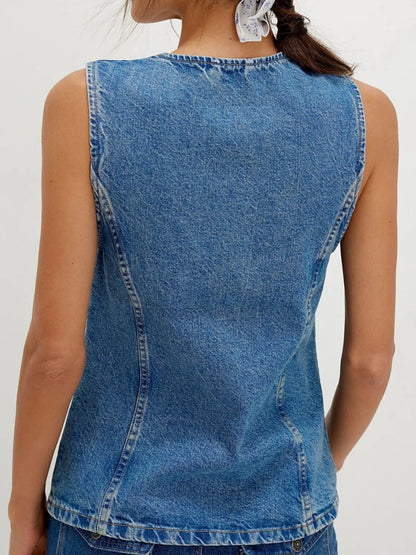 Button Down Round Neck Denim Vest Carauana Store