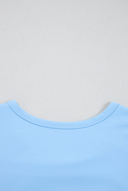 Beau Blue Floral Mesh Puff Sleeve Crew Neck Top