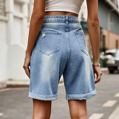 Distressed Buttoned Denim Shorts with Pockets Carauana Store