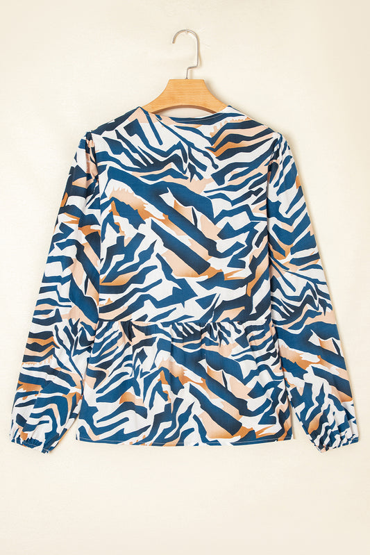 Blue Zebra Print Tied Front Puff Sleeve Top