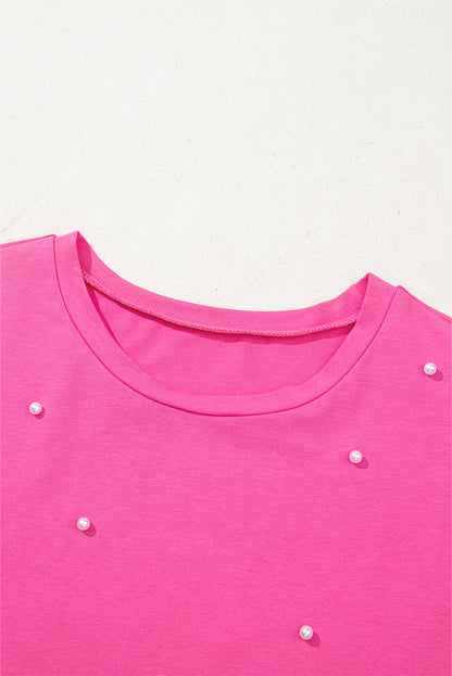 Bright Pink Pearl Beaded Drop Shoulder Crewneck T Shirt