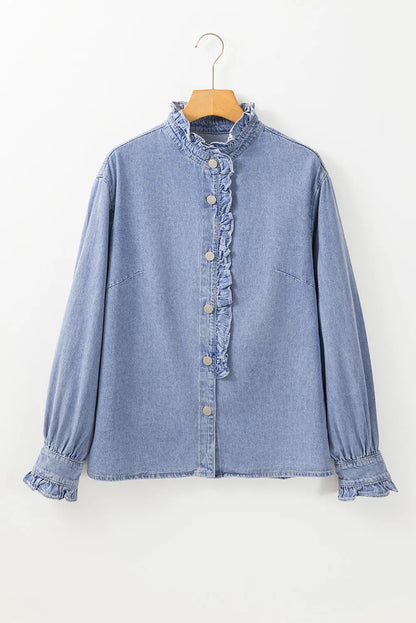 Frill Button Up Long Sleeve Denim Top Carauana Store