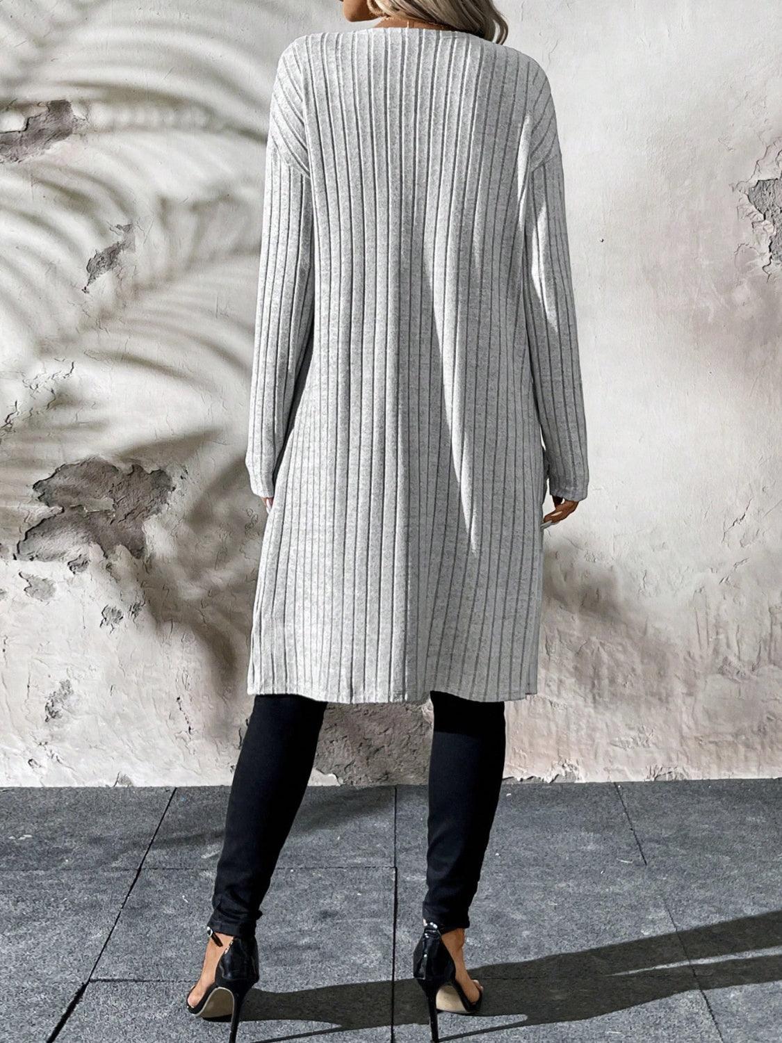 Ribbed Open Front Long Sleeve Cardigan with Pockets Carauana Store