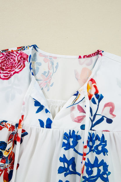 White Floral Print Tassel Tie Bracelet Sleeve Flowy Blouse
