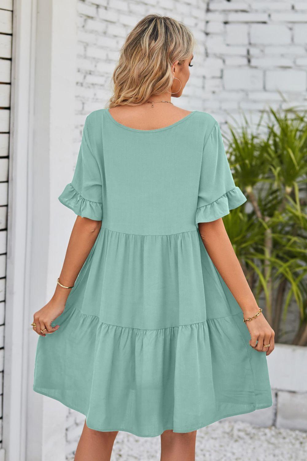 V-Neck Flounce Sleeve Tiered Dress Carauana Store