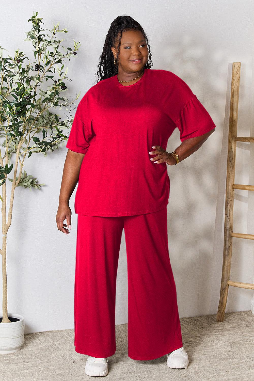 Double Take Full Size Round Neck Slit Top and Pants Set Carauana Store