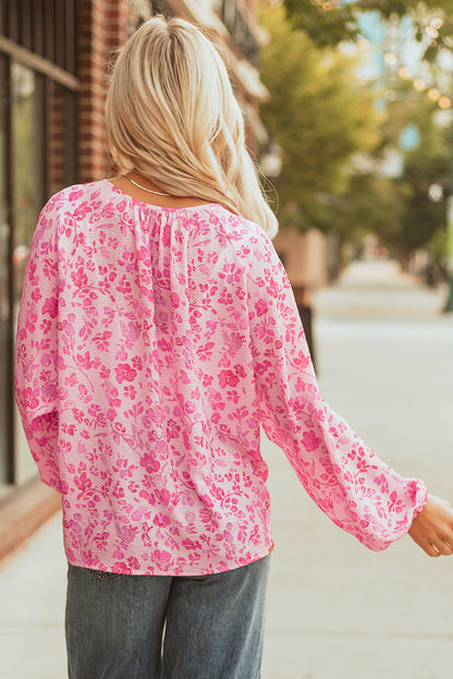 Pink Floral Puff Sleeve Split Neck Lightweight Blouse