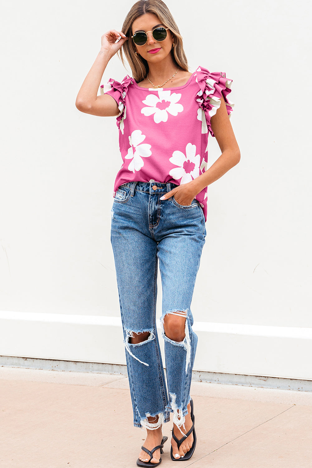 Pink Floral Textured Ruffled Short Sleeve Square Neck Blouse
