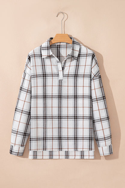 White Plaid Print Collared V Neck Loose Blouse with Side Slits