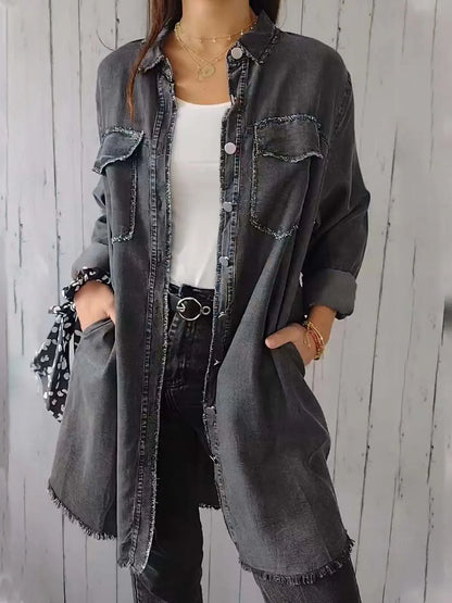 Full Size Raw Hem Button Up Long Sleeve Denim Top Plus Size Carauana Store