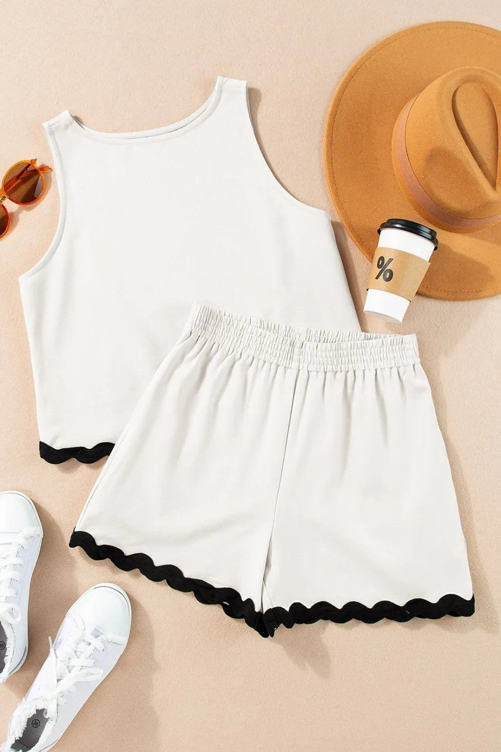 Ricrac Trim Tank Top and Elastic Waist Shorts Set Carauana Store