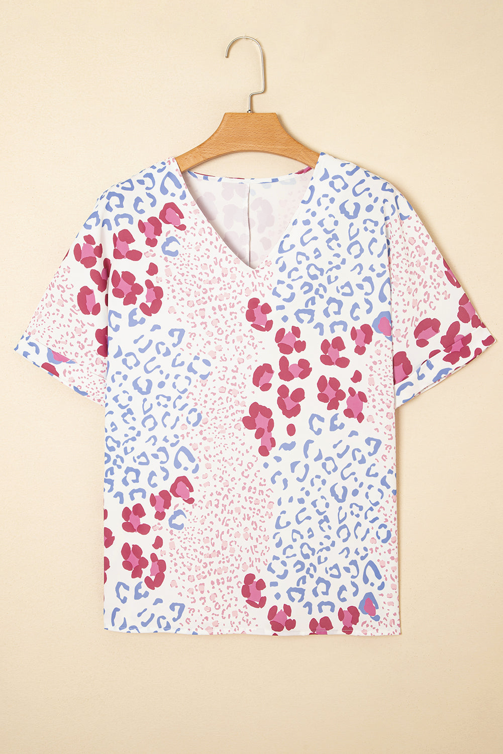 Pink Mixed Leopard Print V Neck Short Sleeve Blouse