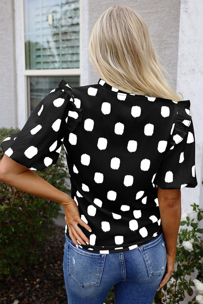 Black Polka Dot Print Shirred Yoke Notched Neck Balloon Sleeve Blouse