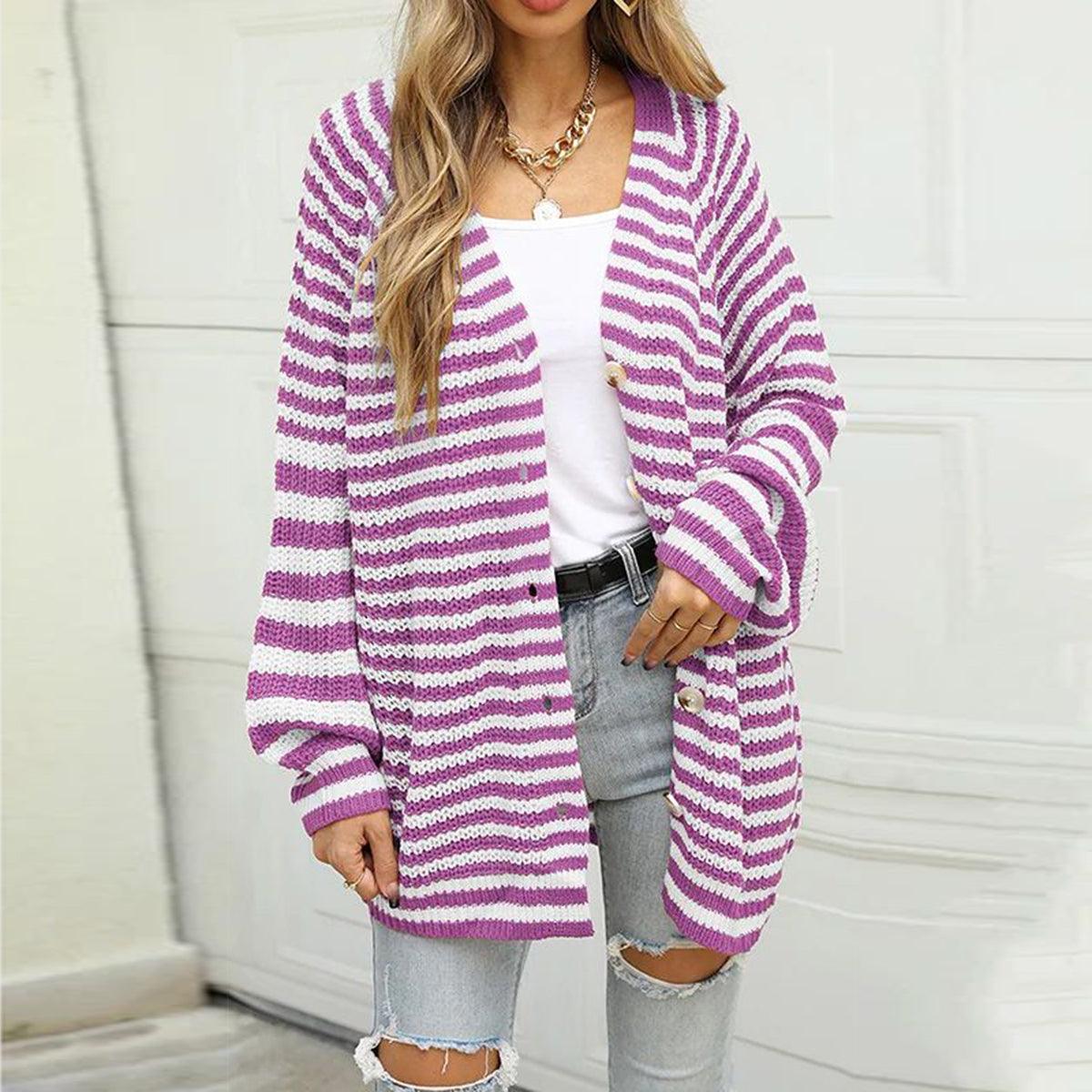 Striped Button Down Long Sleeve Cardigan Carauana Store