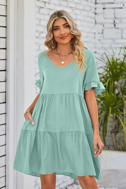 V-Neck Flounce Sleeve Tiered Dress Carauana Store