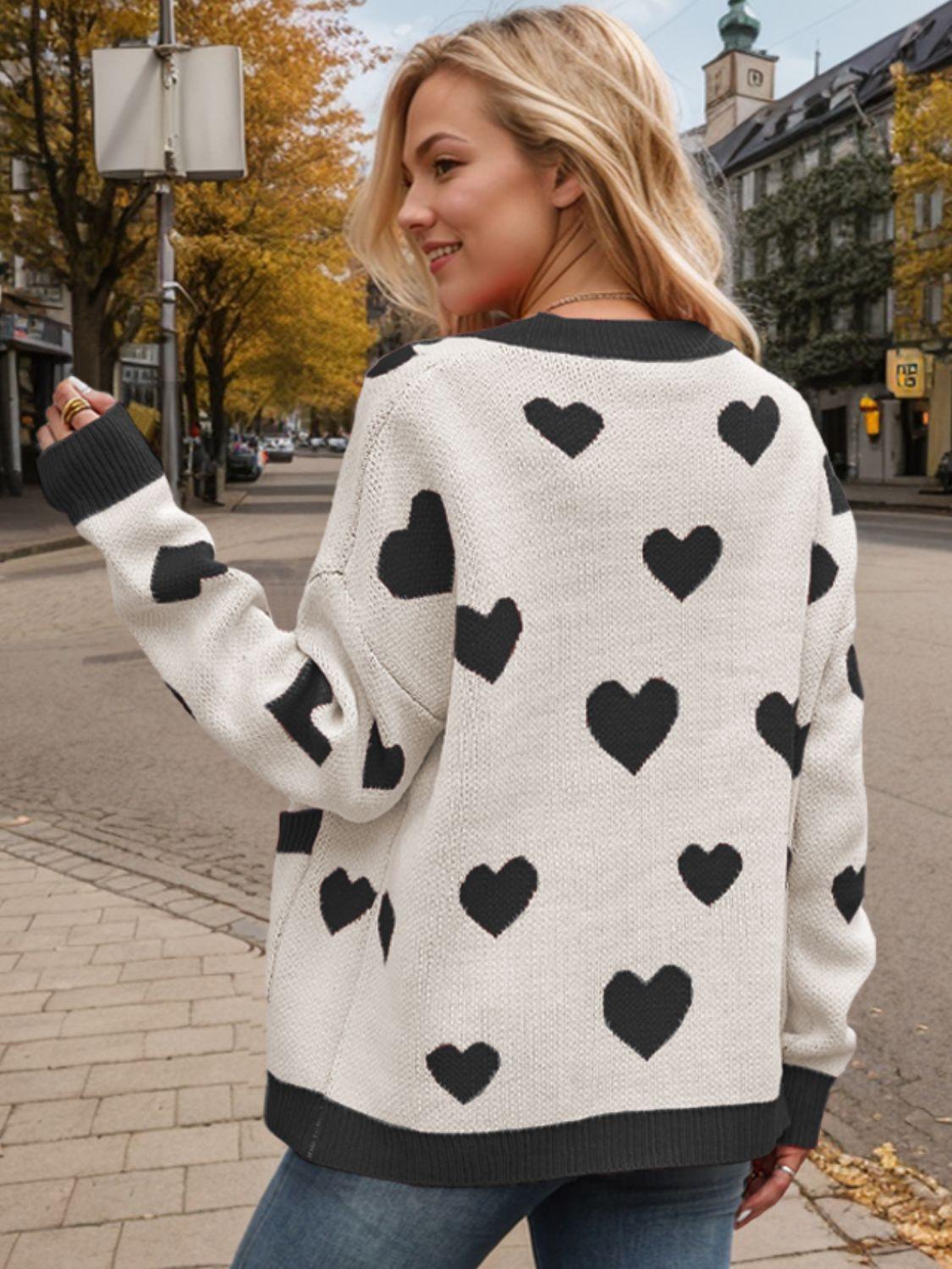 Heart Button Up Dropped Shoulder Long Sleeve Cardigan Carauana Store