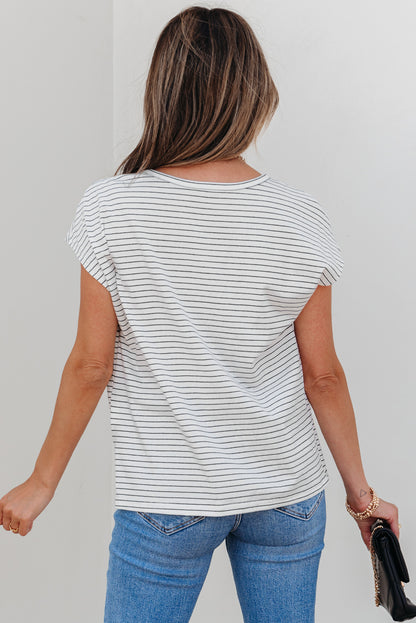White Stripe Cap Sleeve Crew Neck Casual Tee with Chest Pocket