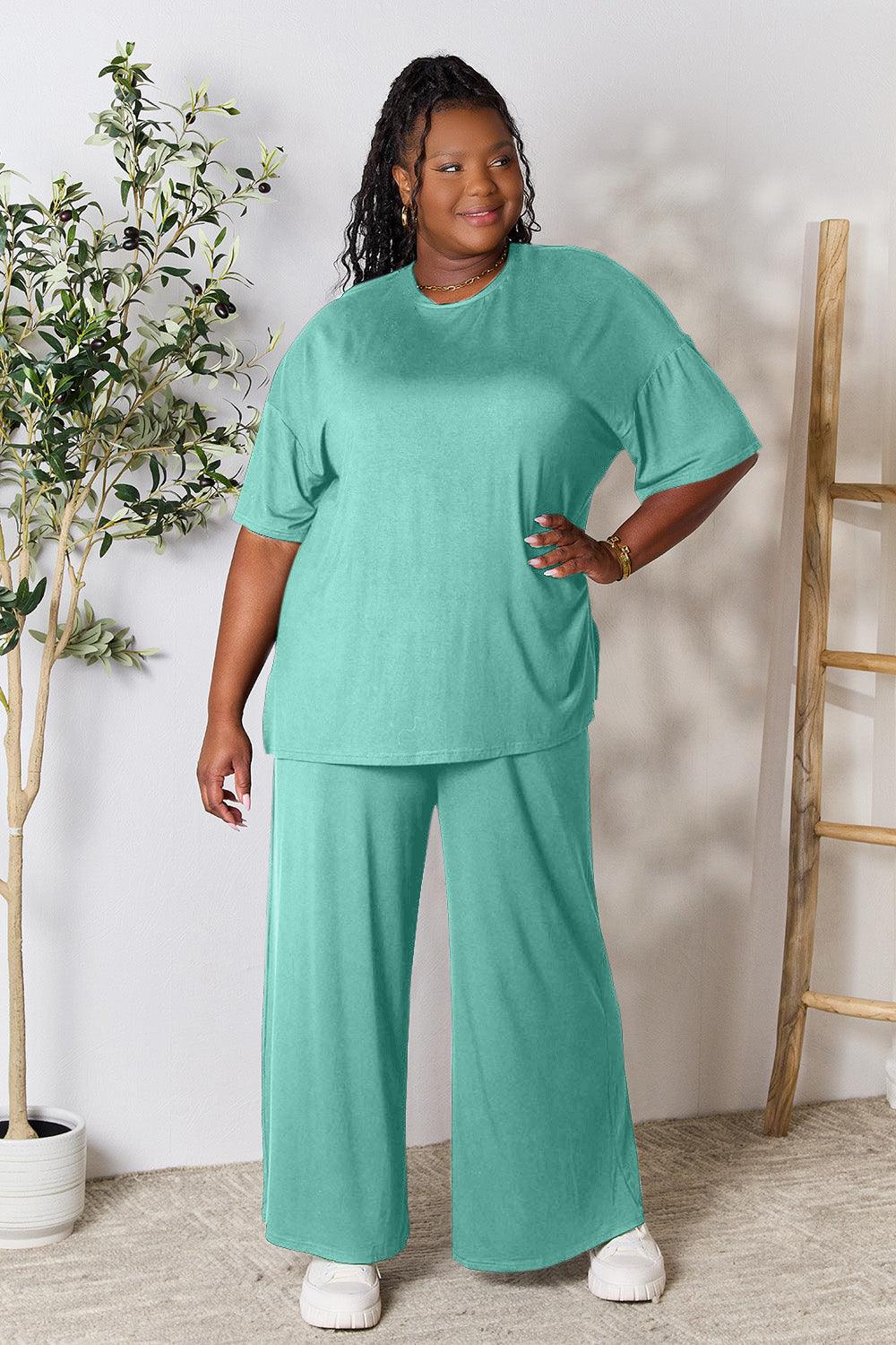 Double Take Full Size Round Neck Slit Top and Pants Set Carauana Store