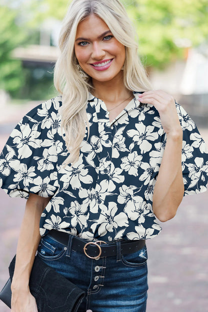Blue Floral Short Puff Sleeve Summer Shirt