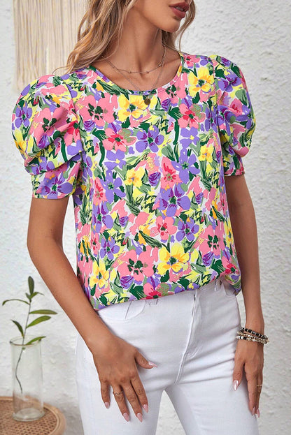 Purple Floral Print Puff Short Sleeve Crew Neck Blouse