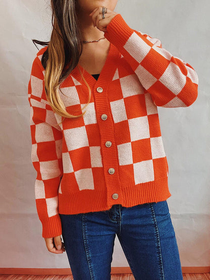 Checkered Open Front Button Up Cardigan Carauana Store