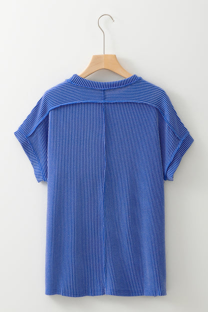 Dark Blue Textured Knit Exposed Stitching T-shirt